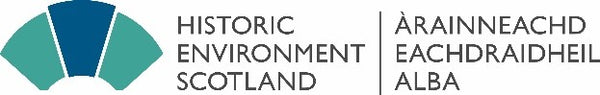 Historic Environment Scotland logo with blue and green icon to left and words historic environment scotland alongside a scottish gaelic translation